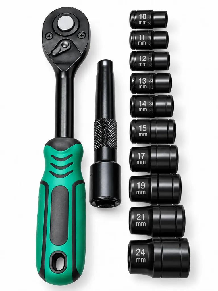 [605013] JUEGO DE RATCHET NEGRO 1/2" COPAS CORTAS 12 PIEZAS - TEXTOOL
