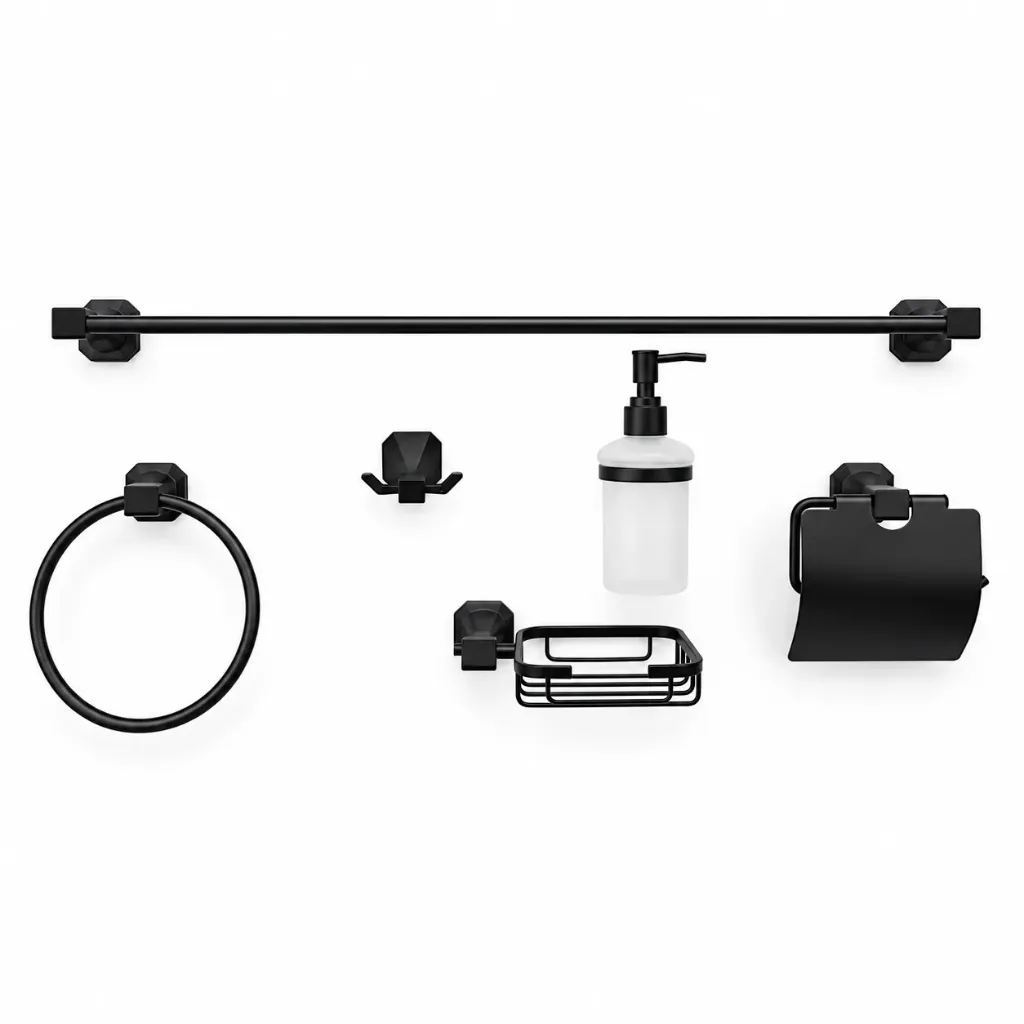 SET DE ACCESORIOS NEGRO MATE PARA BAÑO CAJA AZUL
